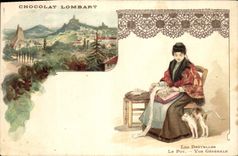 CPA Folklore Les dentelles Le Puy Vue generale Chocolat Lombart Chat