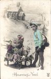 CPA Fantaisie Enfant Poupee Luge Chevre 