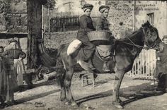 CPA Folklore Auvergnates se rendant au marche Cheval