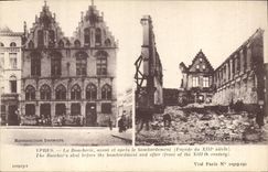 CPA Militaria Ypres le boucherie avant et apres le bombardement facade du XIII siecle 