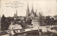 CPA Strasbourg Pont des Vogues Eglise Protestante et Cathedrale Tramway