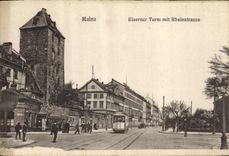 CPA Mainz Eiserner Turm mit Rheinstrasse Tramway