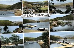 CPA Le Lac Chambon de gauche a droite La Plage et le Manege Nautique Chambon sur le Lac Vue generale