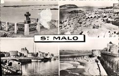 CPA Saint Malo en Bretagne Tombeau de Chateaubriand La Plage de Son Decours Vue Donjon et Bassin des