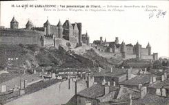 CPA Cite de Carcassonne vue panoramique de l'Ouest defenses et Avant porte du chateau tour de justic