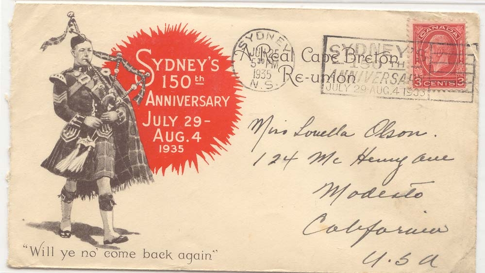 Canada 1935 illustrated cover with promotional for Sydney 150the anniversary Bigpipes slogan (cover letter 1st flight)