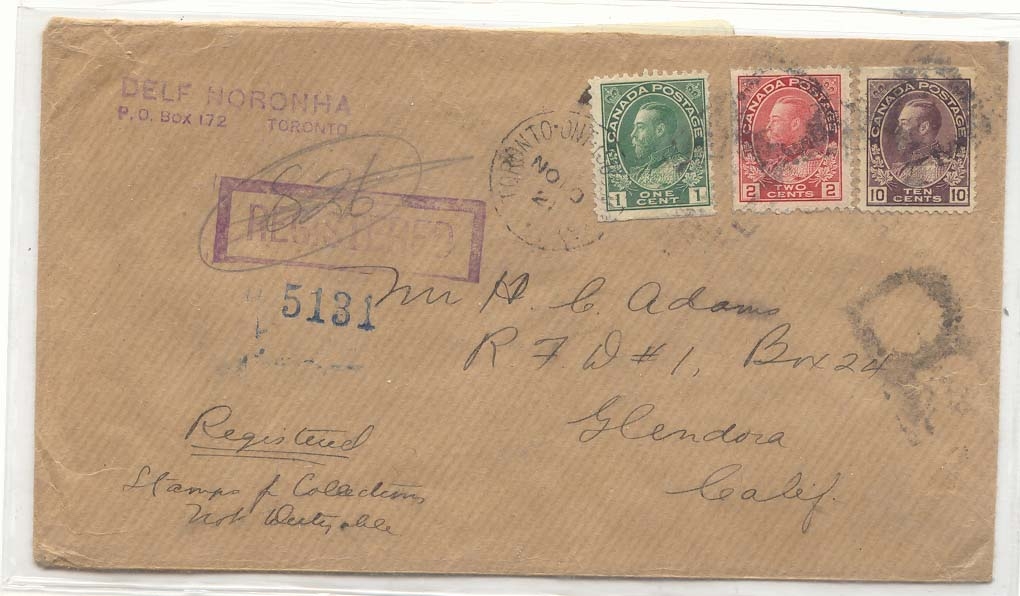 Canada 1921 registered stamp (cover letter)