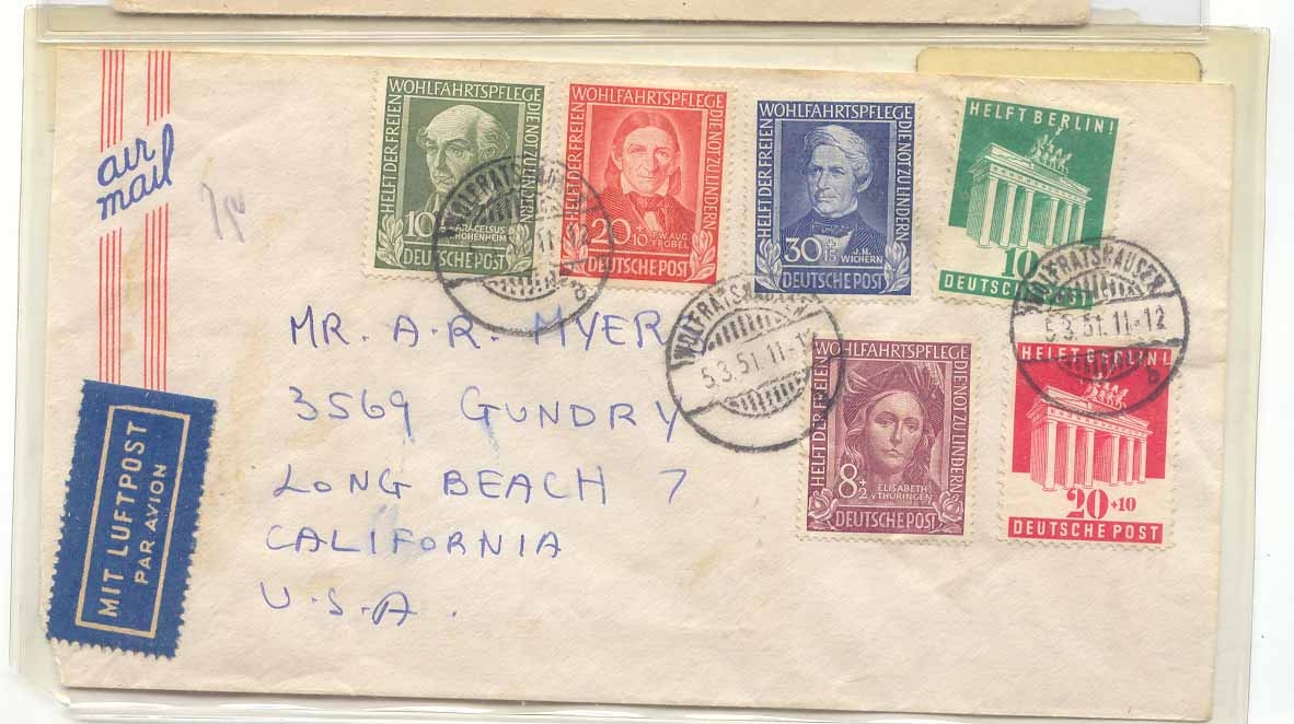 Germany Hohenheim Frobel Wichern Thuringen 1951 Scarce (letter cover)