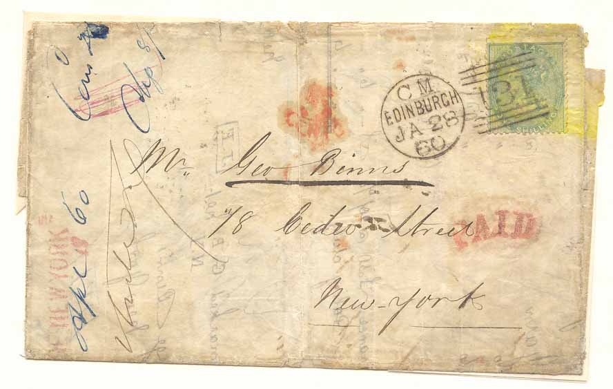 Great Britain 1860 invoice Scotland to New York with Paid 5 hundreds US and rare yellow boxing ring chancel (letter cover)