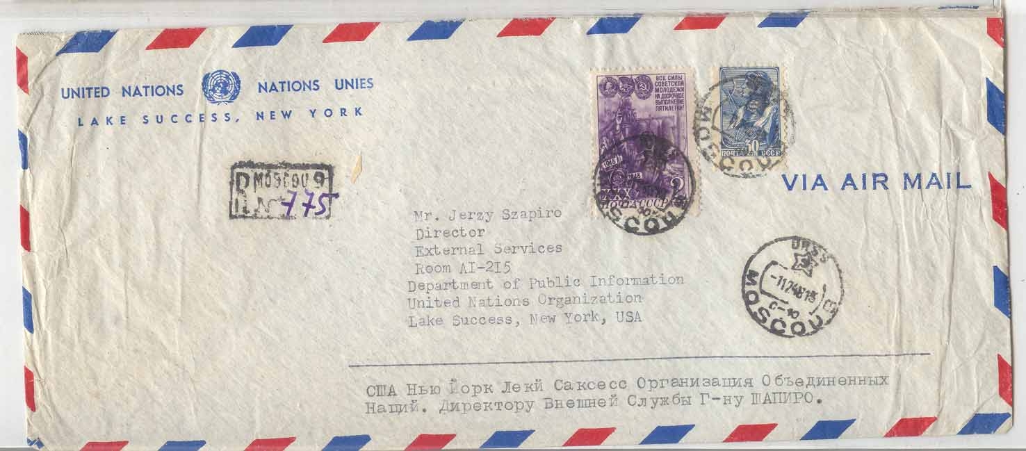 A froerunner 1948 registered email from µMoscow to Lake Success a used and a lake success (the United Nations Russia)