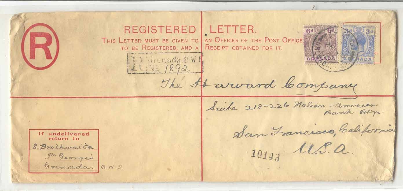 Grenada 1922 BWI registered station Georges to San Fransisco 2d Rare envelope with 9d posting (whole stationary)