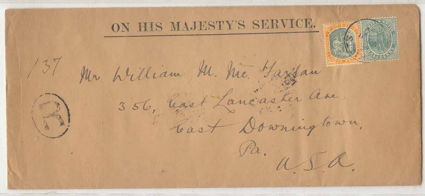 Saint Kitts & Nevis 1920 registered US to (letter cover)