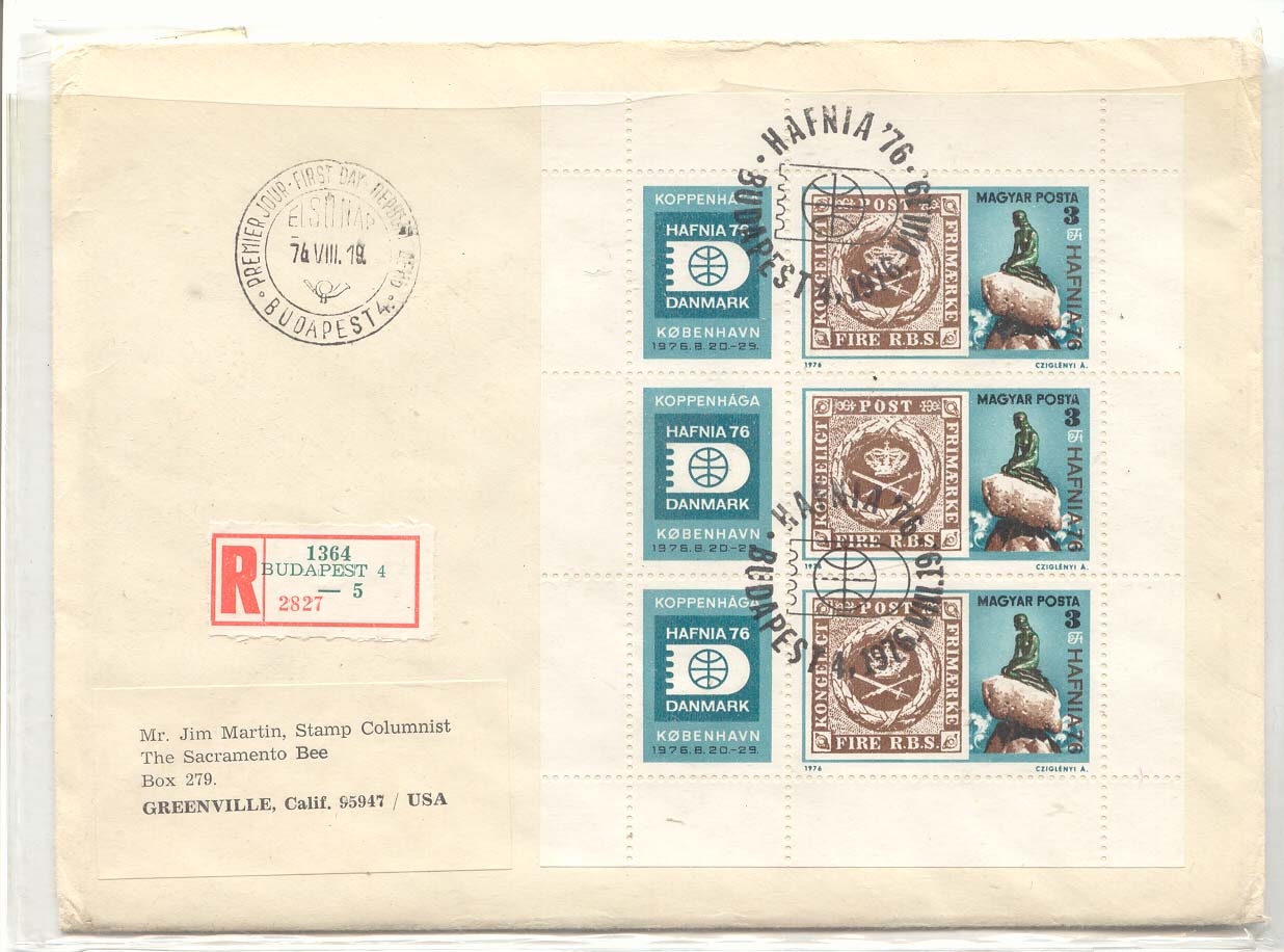 Hongrie Hungery Stamp on stamp sheetlet FDC 1976 Hafnia (lettre danemark)
