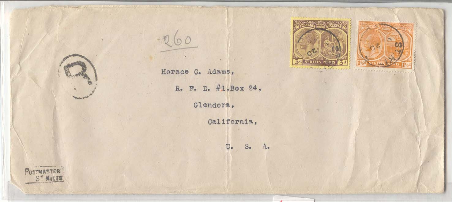 St Kitts Nevis 1920 registered email US to (letter cover the Antilles antilla)