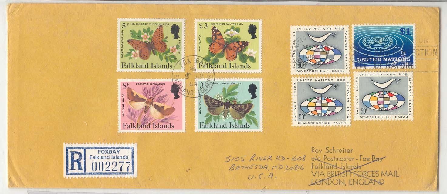 United Nations to Fakland Islands twice used a stamps then registered uses Faklands to off US Butterflies Butterflies