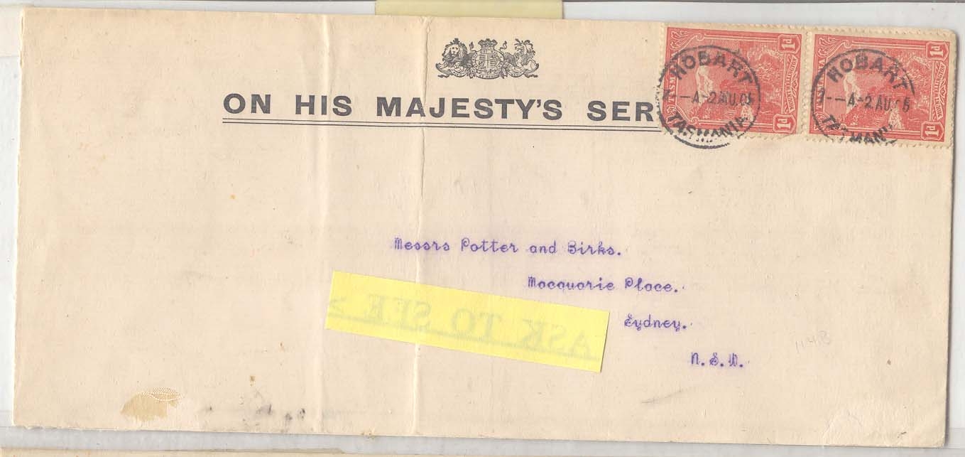 Australia Tasmania SG 240 one 1905 OHMS cover Electrotyped Vove crown p 12 1/2 (Australia tasmanie)