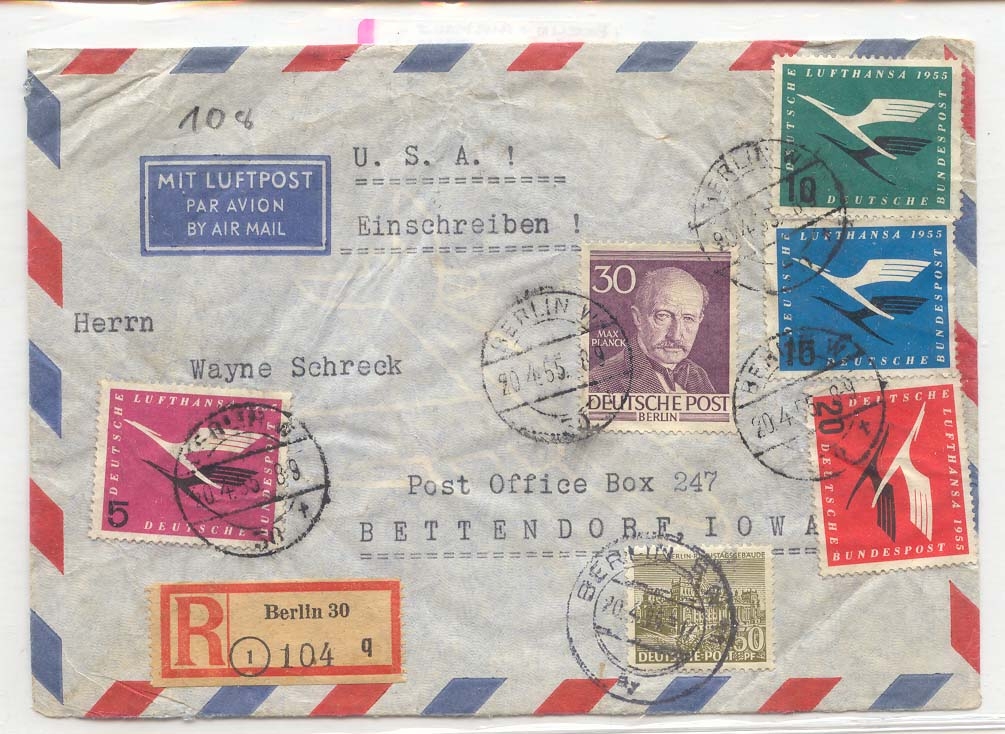 Germany Berlin 1955 air email cover to US Scarce (Germany planes letter)