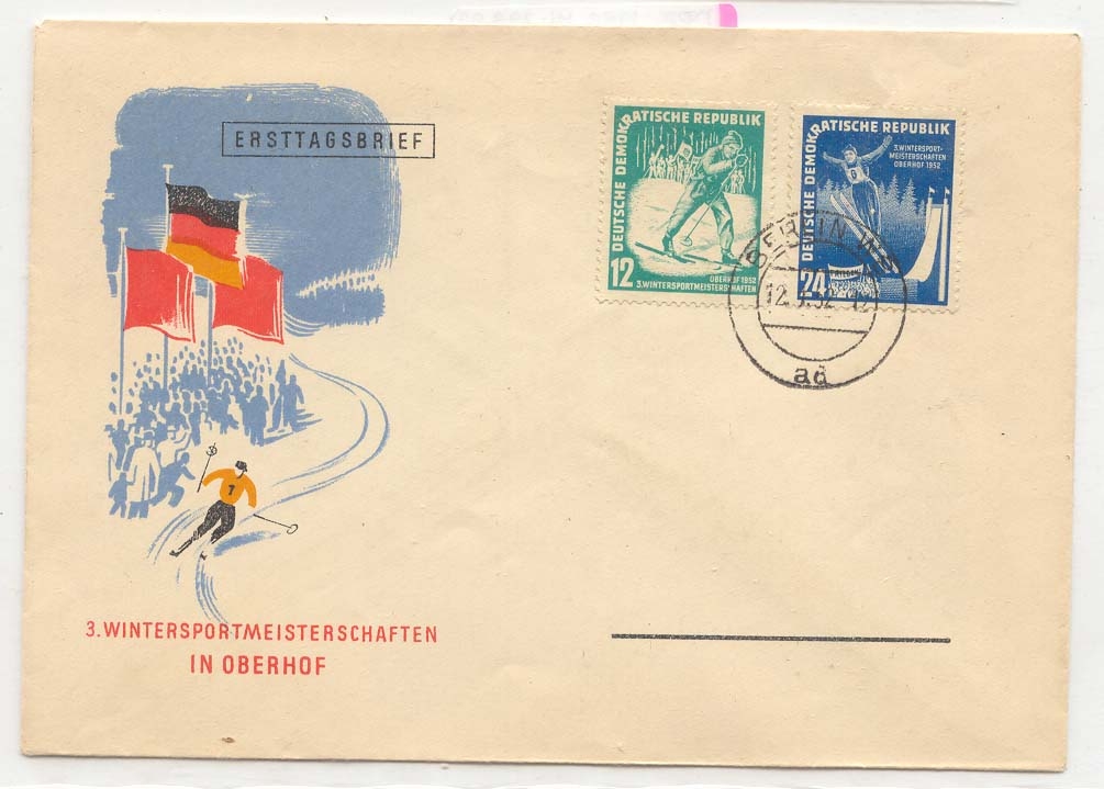 East Germany DDR 1952 Mi 298-9 FDC 1er jour Ski (lettre over)