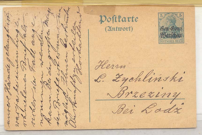 German occupation off Poland 1915 reply card used from Berlin (stationary Polska)