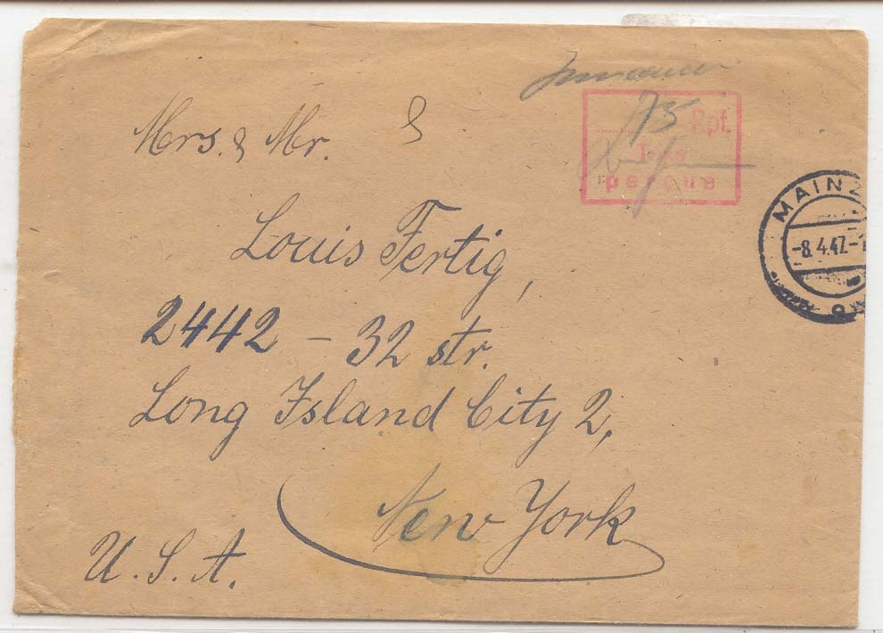 Germany 1947 cover from Mainz with tax paid 75 pfg (Allemagn letter)