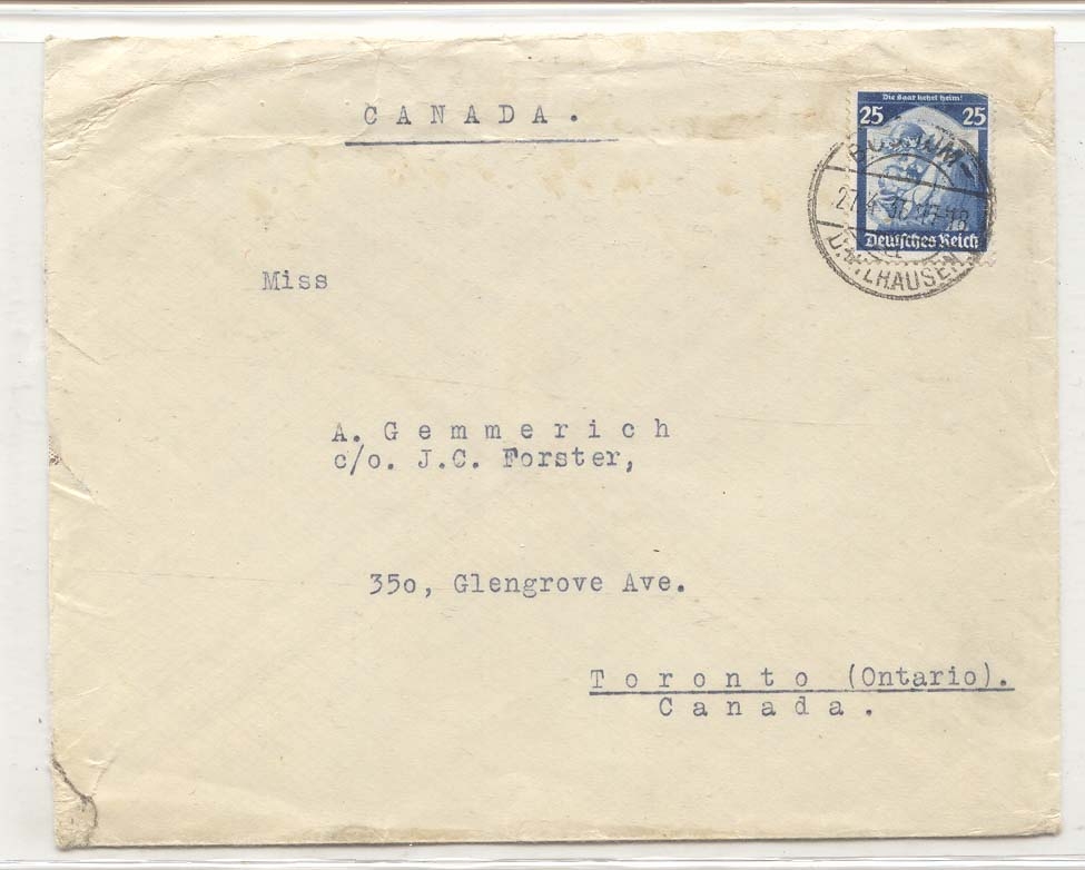Germany Michel 568 solo uses to Canada (letter Germany cover)