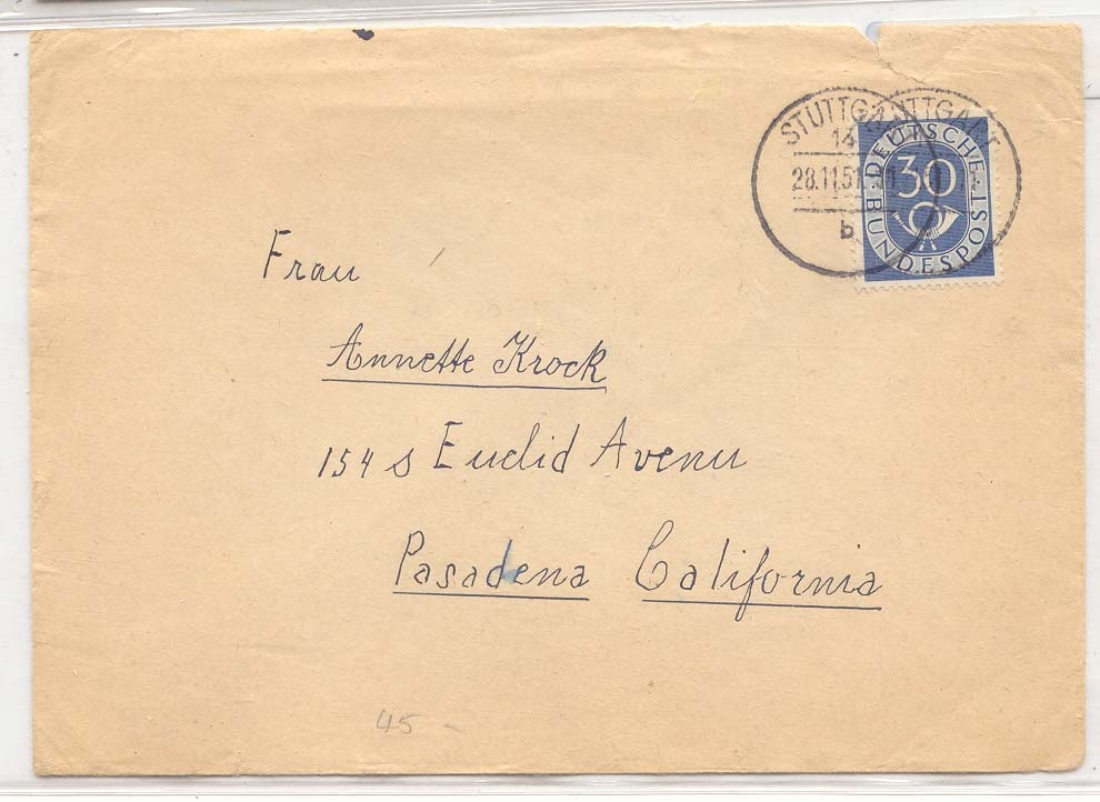 Germany 30 pfg to California 28 11 1951 (letter cover)