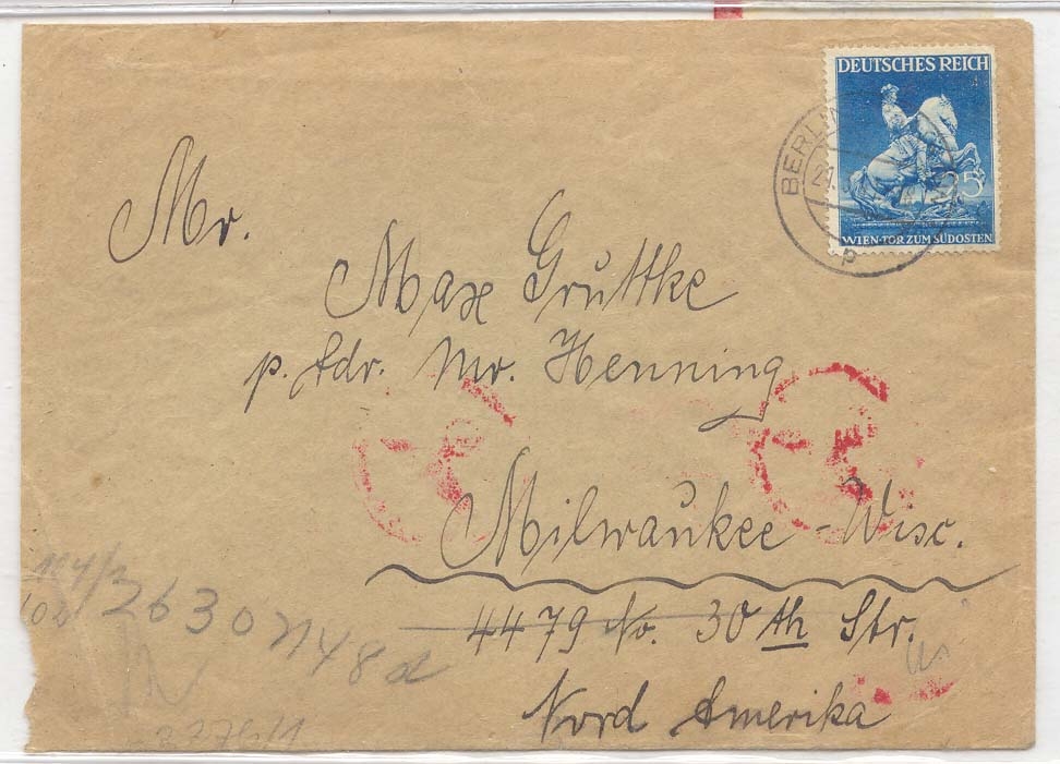 Mid Germany 1941 771 one cover censor one back (letter cover Wien tor zum Sudposten stamp horse horse)