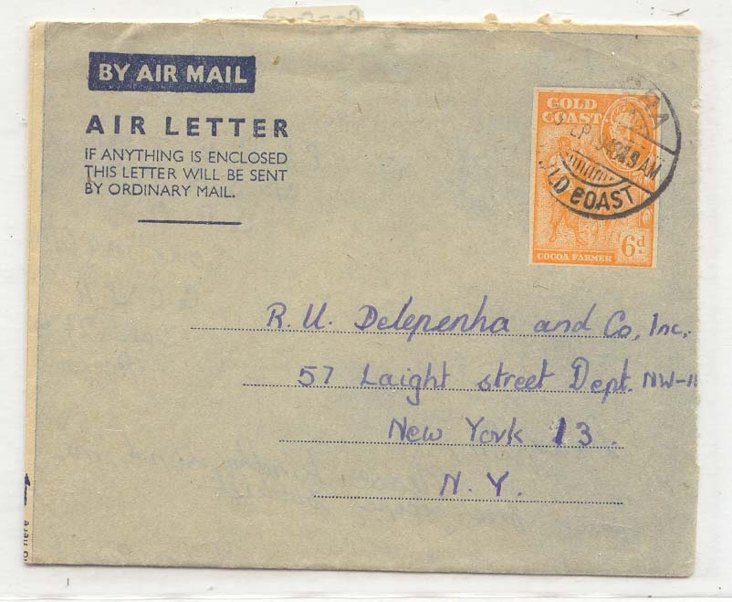 Gold Coast AlFG 1 to US 1948 aerogram air letter (whole postal stationary Dimension d´Or)