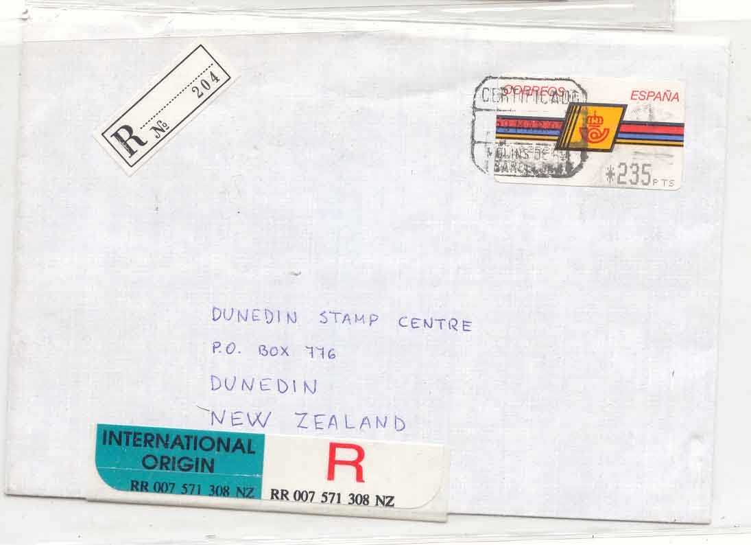 Spain cover with New Zealand registry Modern label uses (Spain letter)