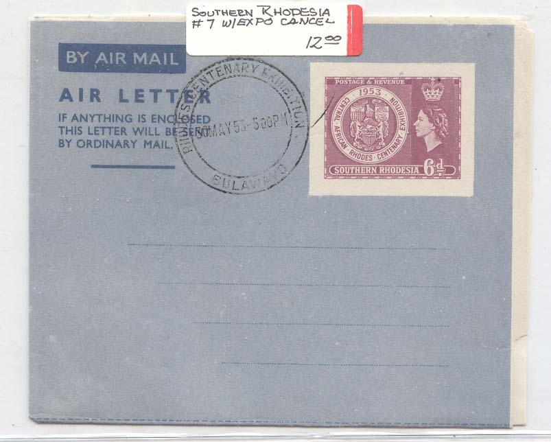 Southern Rhodesia #7 with expo cancel Bulawavu (entier postal stationary rhodesie du Sud afrique africa)