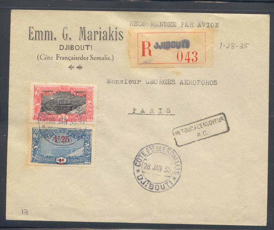 Dimension of Somalis Vol Djibouti France of the 28 1 1935 (flight letter)