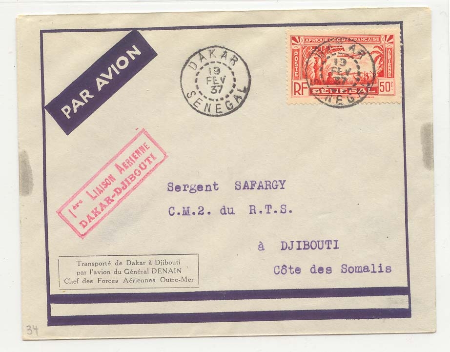 Senegal Vol Dakar Djibouti (Cote des Somalis) 19 FEV 1937 (liaison Dakar Djibouti 1er vol first flight) RaRe